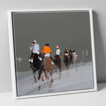 Through the Grey racing horse canvas wall art in white frame