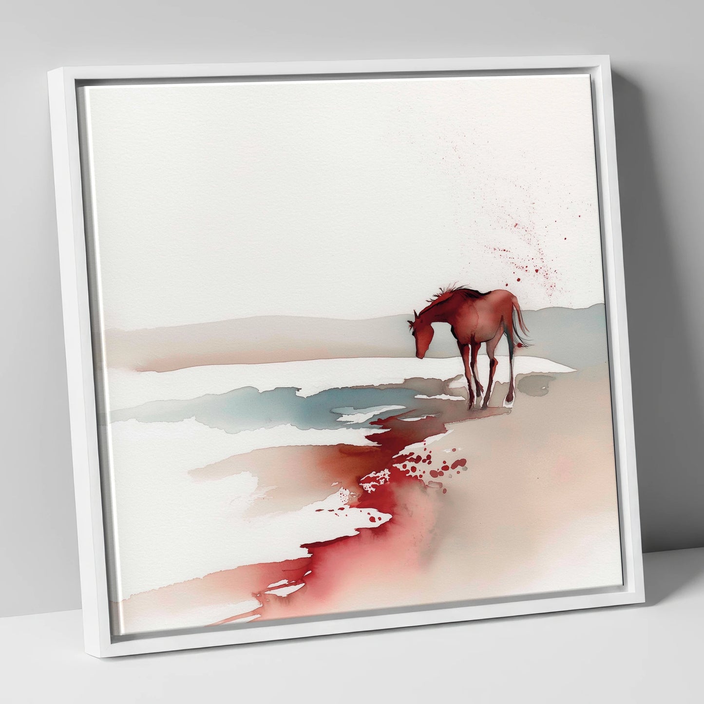 Crimson Waterside Solitude horse landscape canvas wall art in white frame