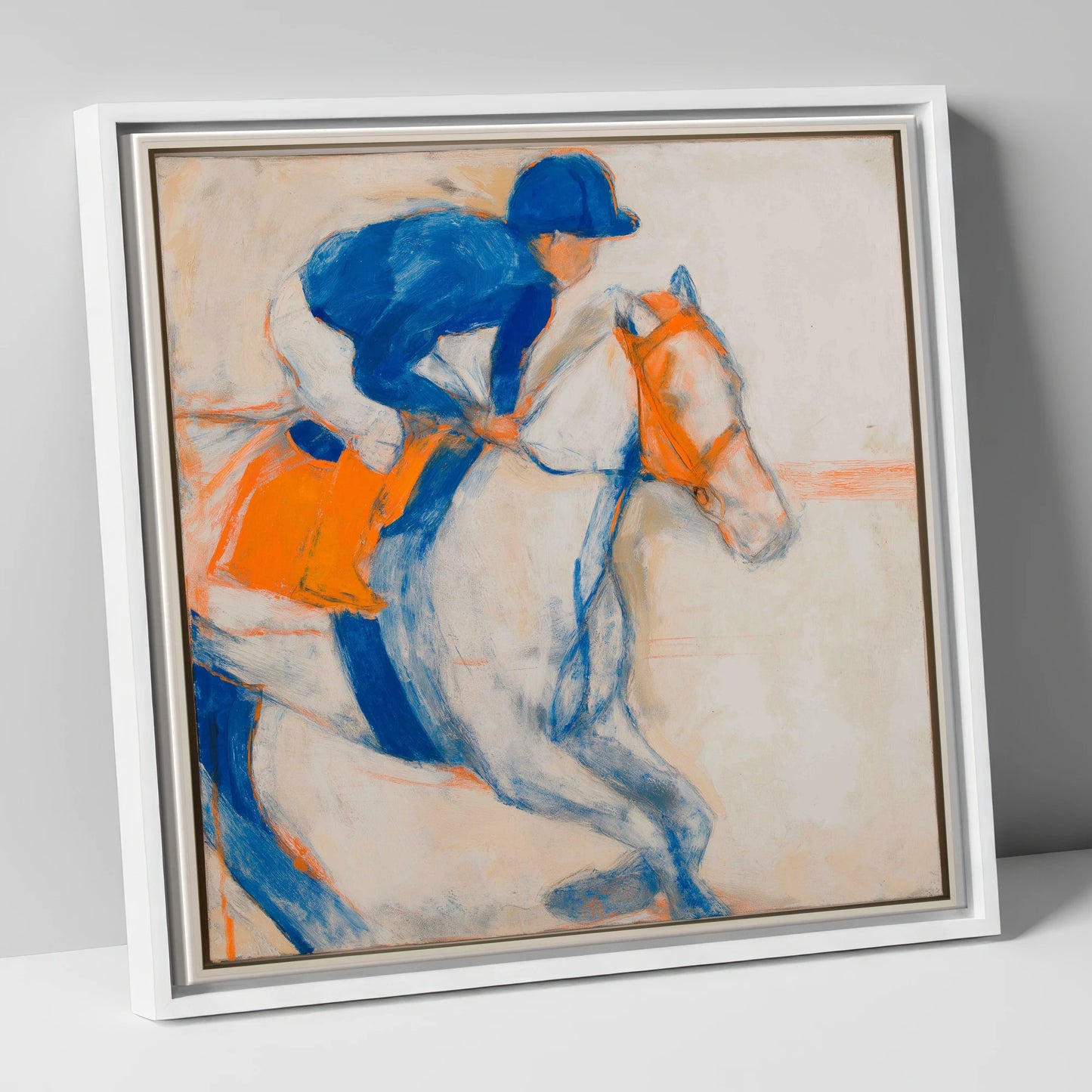 Bold Ultramarine Gallop racing horse canvas wall art in white frame