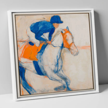 Bold Ultramarine Gallop racing horse canvas wall art in white frame