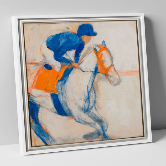 Bold Ultramarine Gallop racing horse canvas wall art in white frame