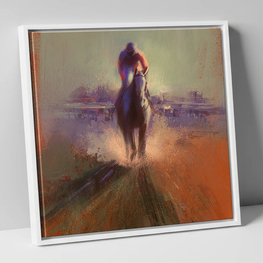 The Final Furlong racing horse canvas wall art in white frame