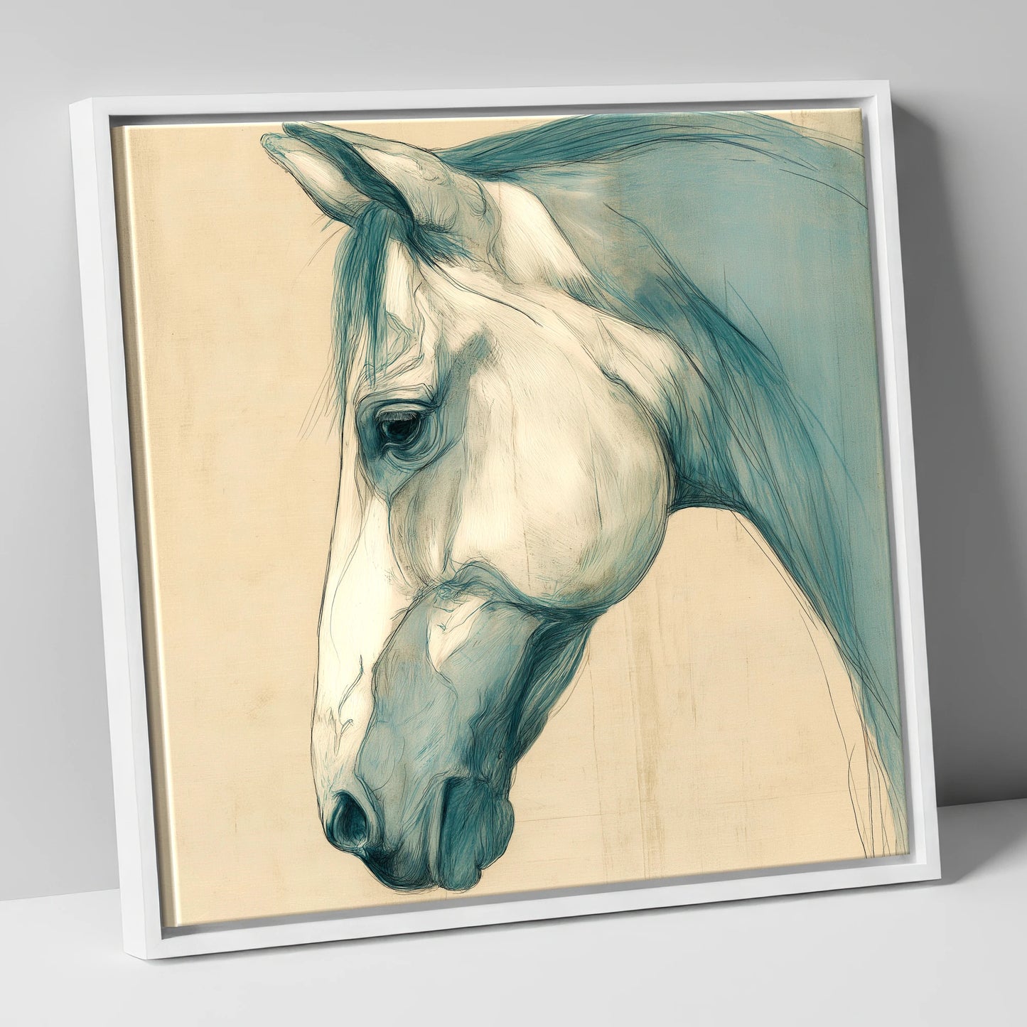 Teal Wash Portrait horse portrait canvas wall art in white frame