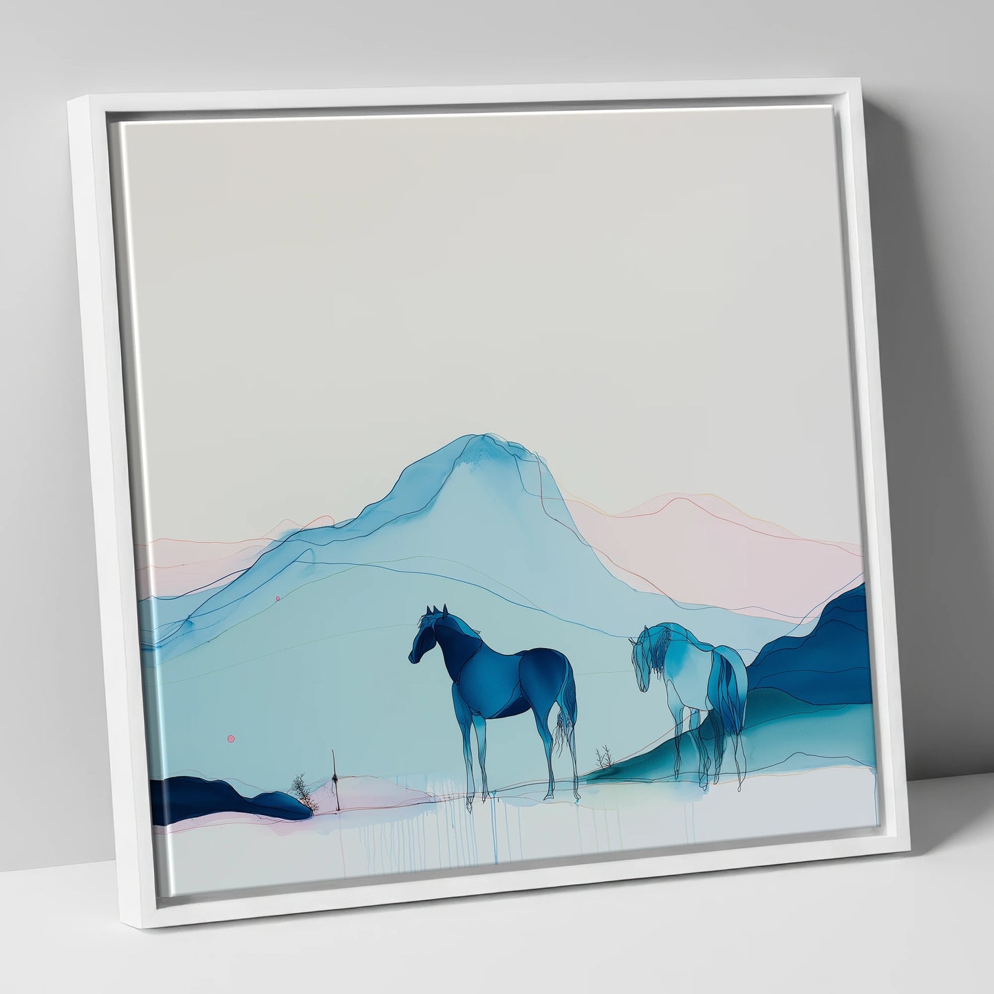 Azure Mountain Serenity horse landscape canvas wall art in white frame