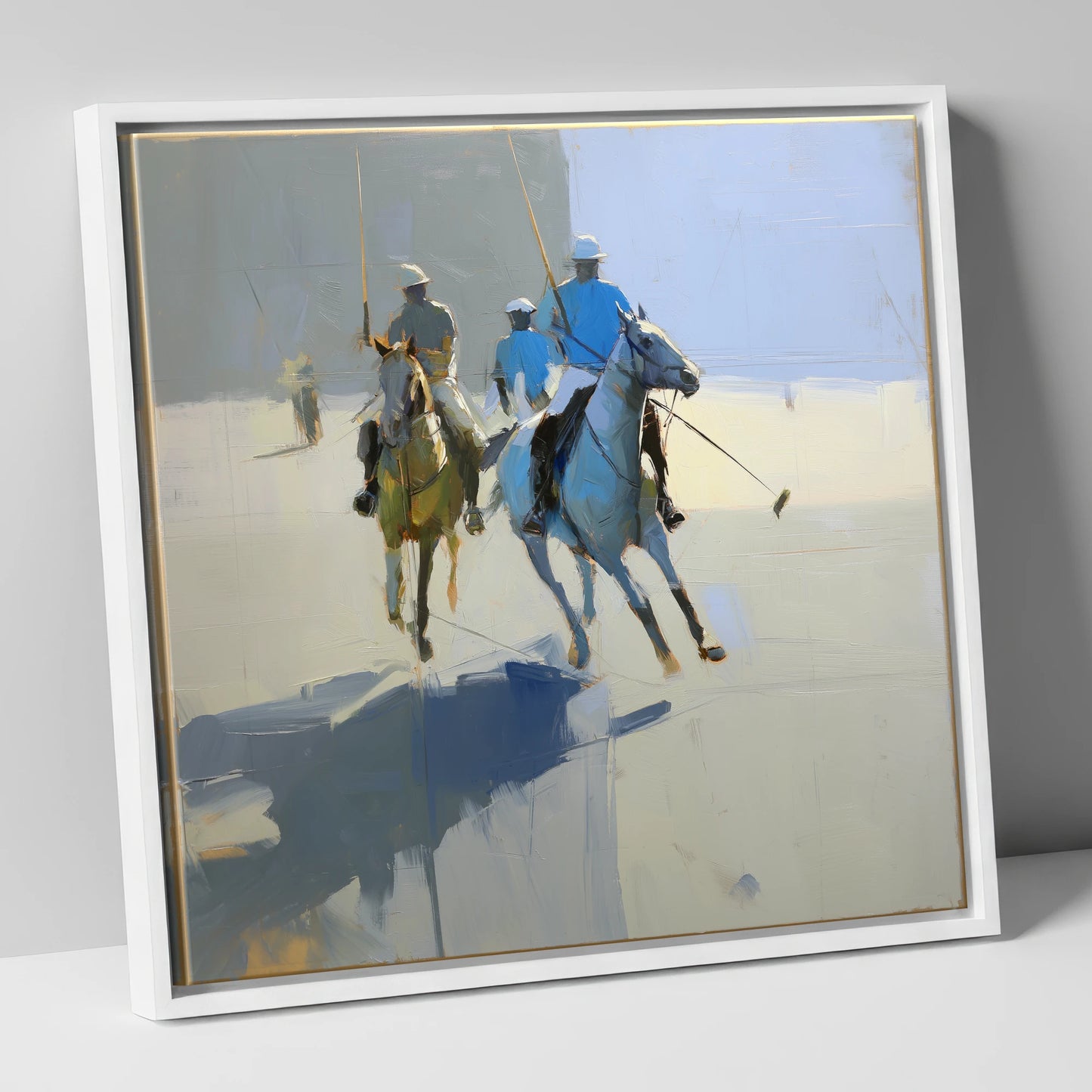 Slate Blue Chukka polo horse canvas wall art in white frame