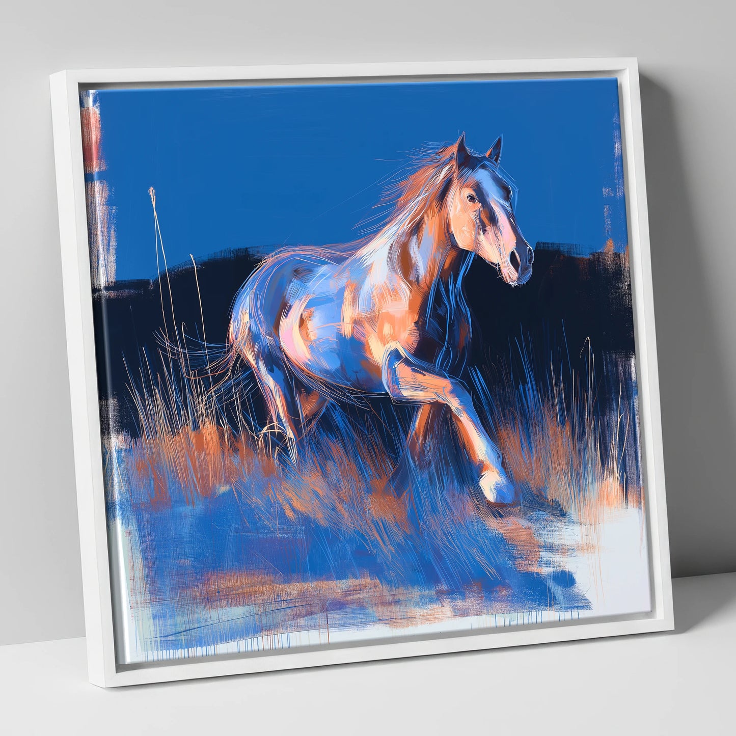 Wanderer in Blue horse landscape canvas wall art in white frame