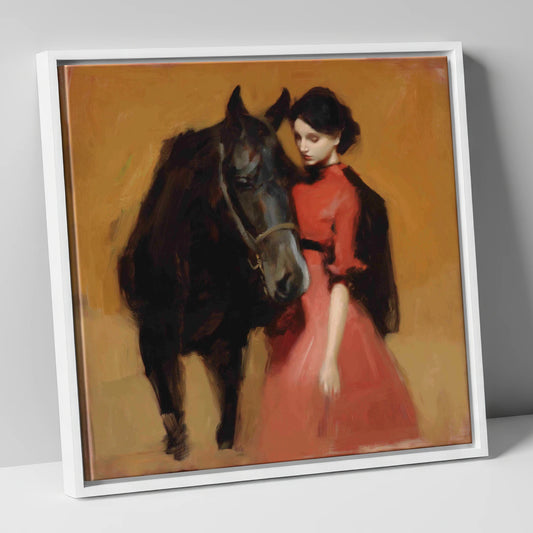 Crimson and Shadow horse & rider canvas wall art in white frame