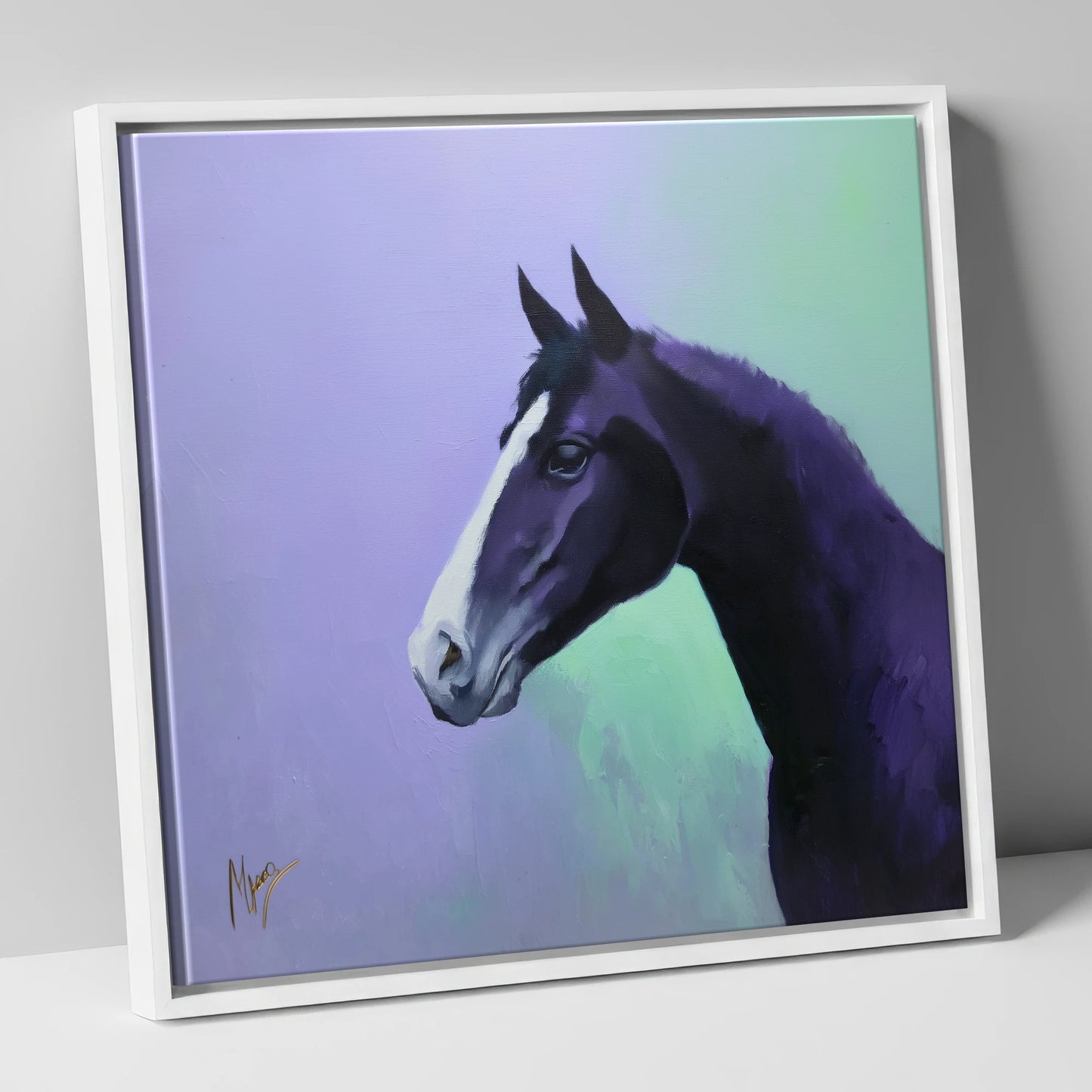 Amethyst Equine Profile horse portrait canvas wall art in white frame