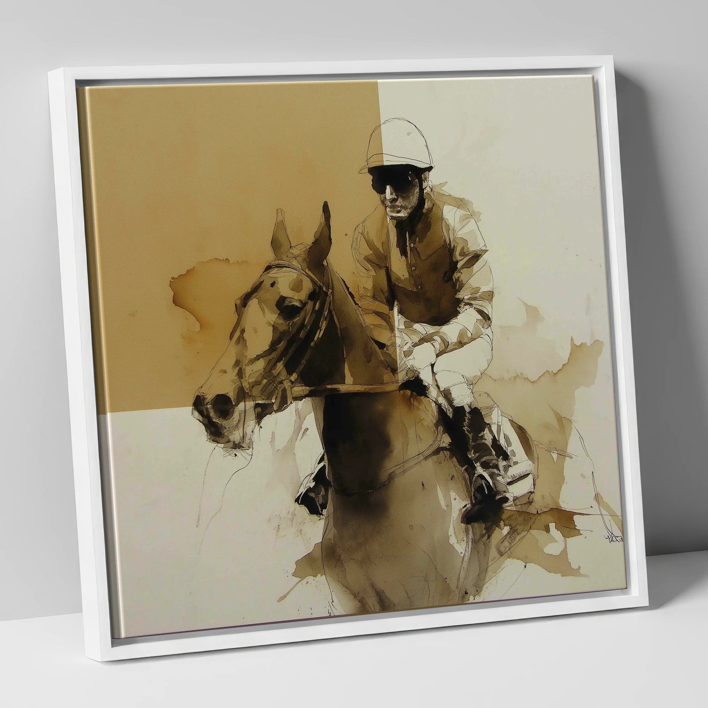 The Sepia Contender racing horse canvas wall art in white frame