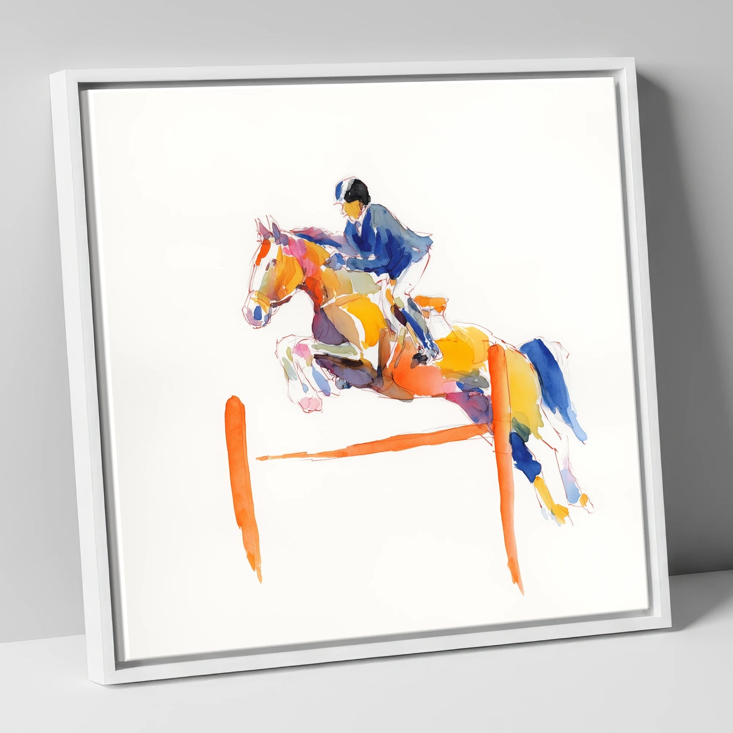 Vibrant Clear Round show jumping horse canvas wall art in white frame