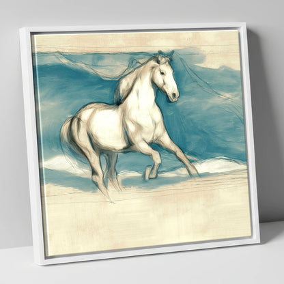 Ethereal Grey Canter horse portrait canvas wall art in white frame