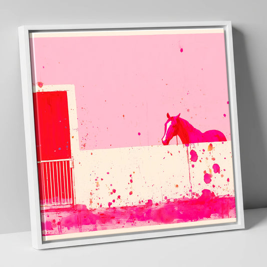 Crimson Doorway horse stable canvas wall art in white frame