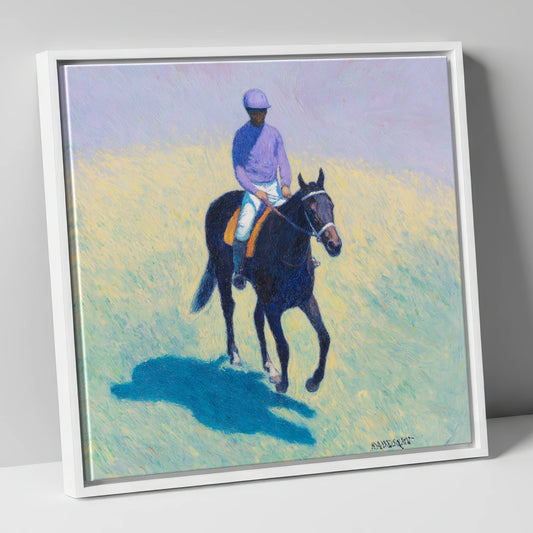 Morning on the Gallops racing horse canvas wall art in white frame