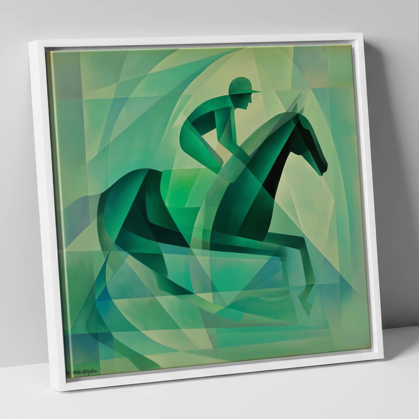 Verdant Stride racing horse canvas wall art in white frame
