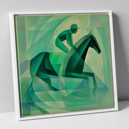 Verdant Stride racing horse canvas wall art in white frame