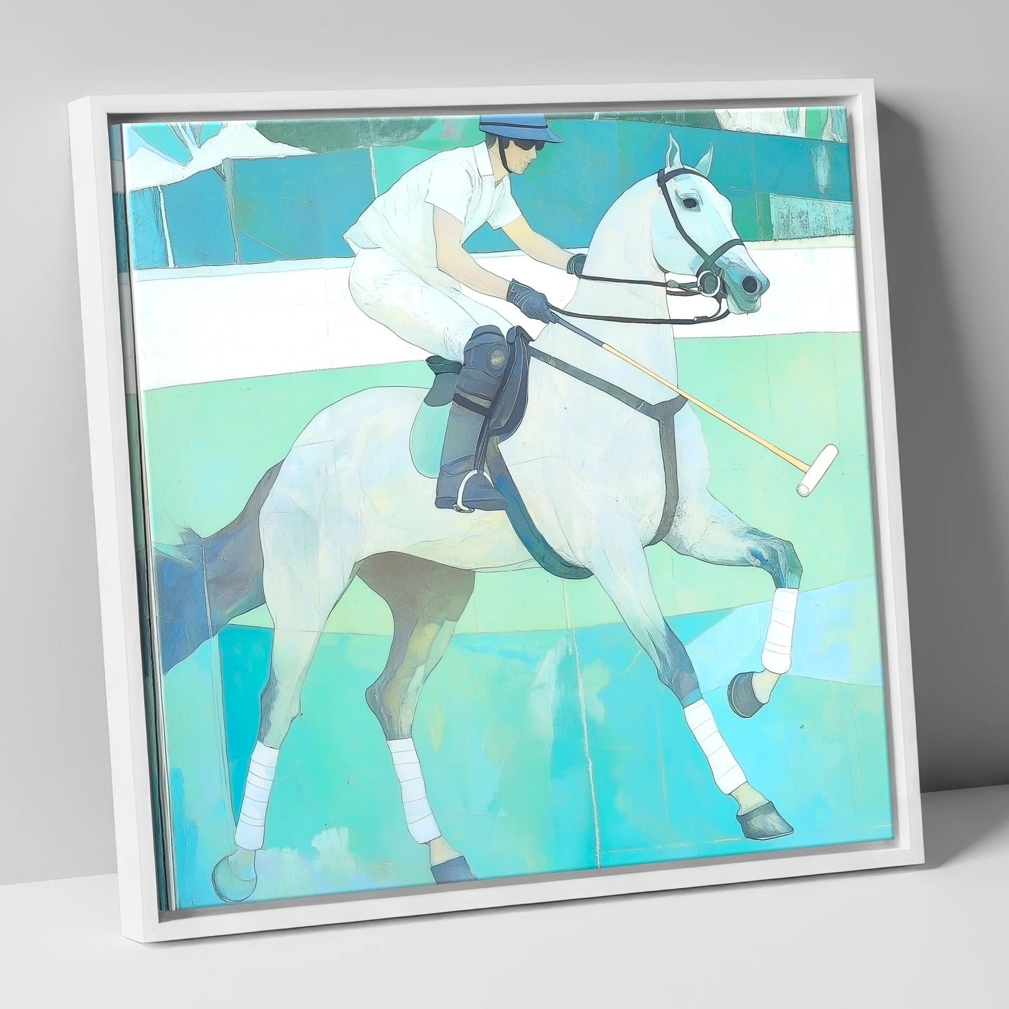 The Serene Chukka polo horse canvas wall art in white frame