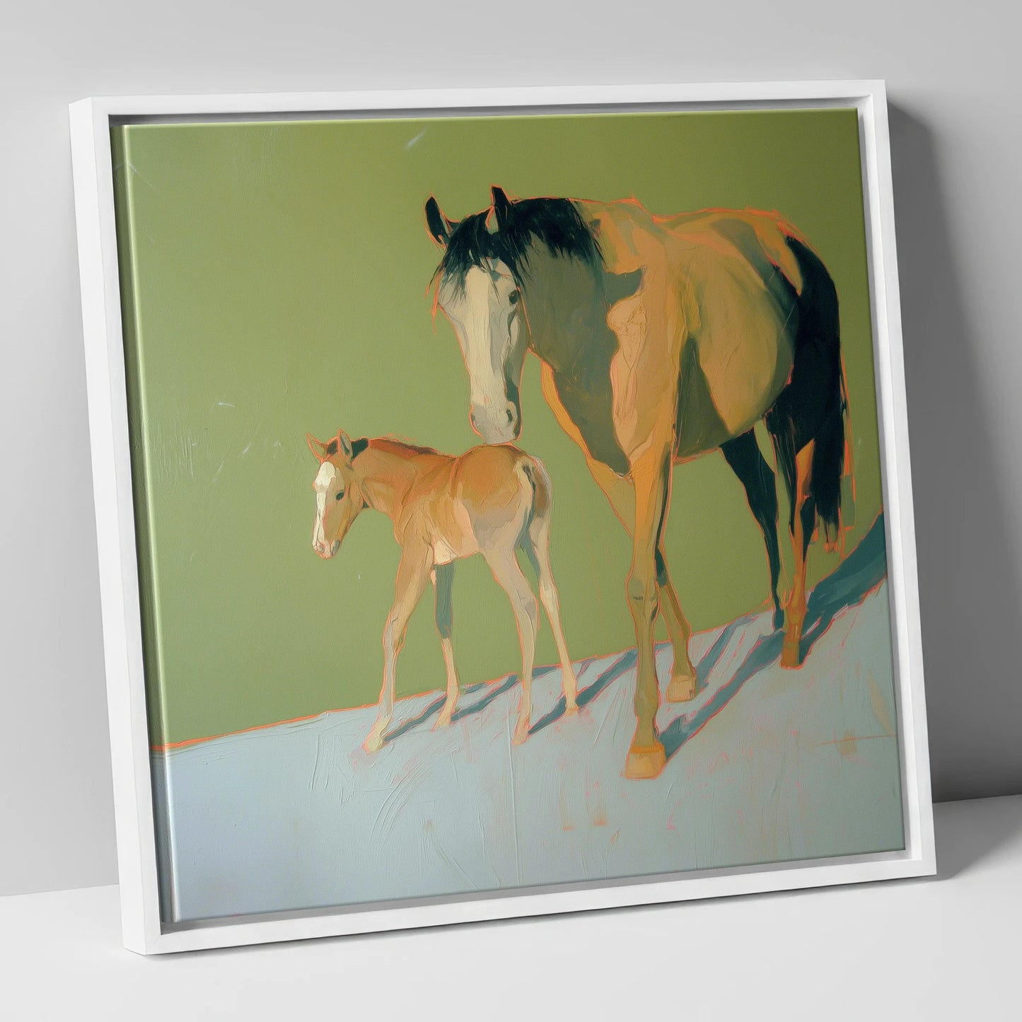 Sunlit Bonds mare & foal canvas wall art in white frame