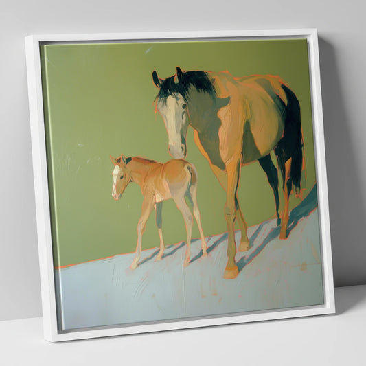 Sunlit Bonds mare & foal canvas wall art in white frame