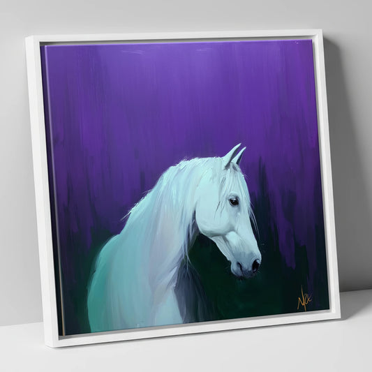 Ethereal Grey in Violet horse breed canvas wall art in white frame