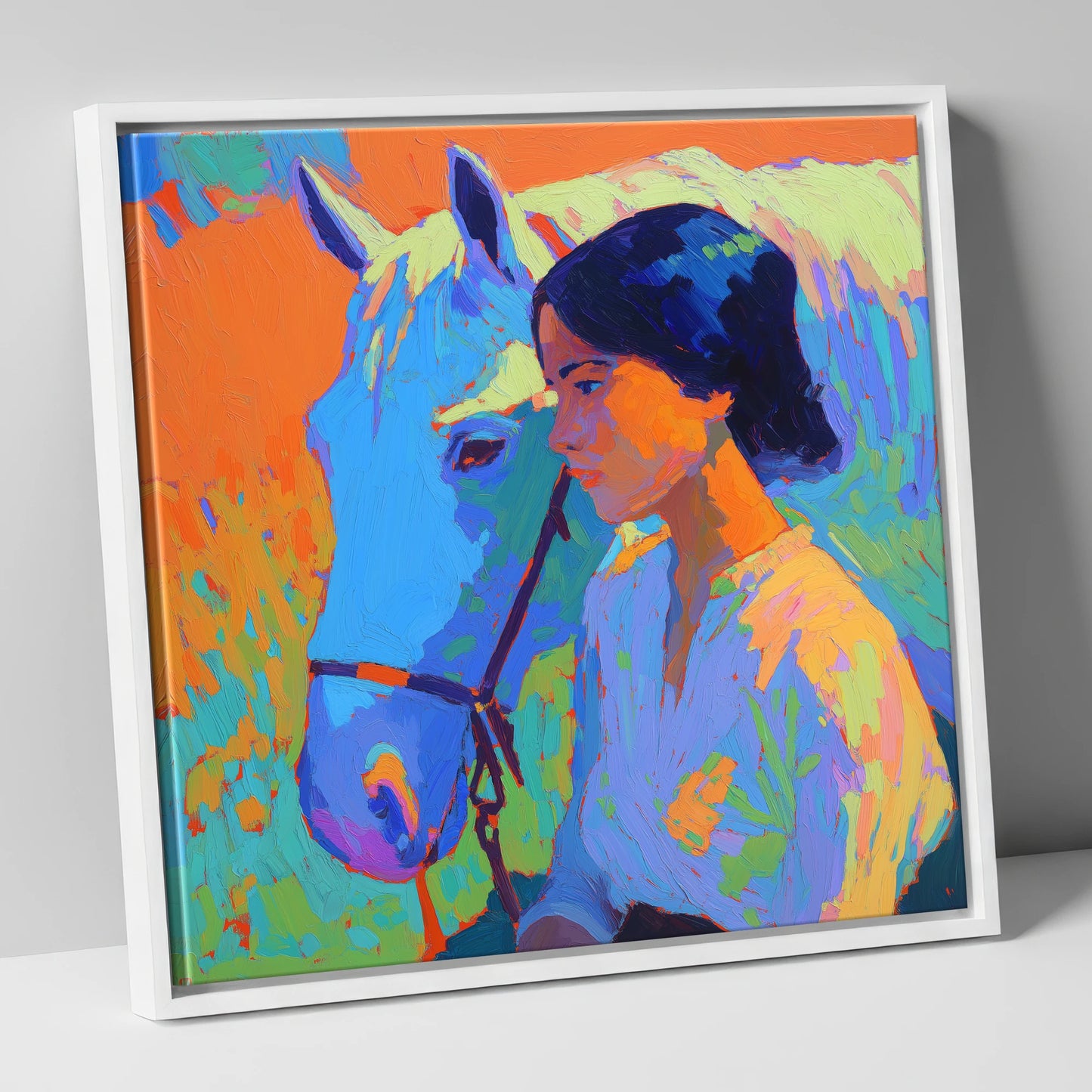 Vibrant Connection horse & rider canvas wall art in white frame