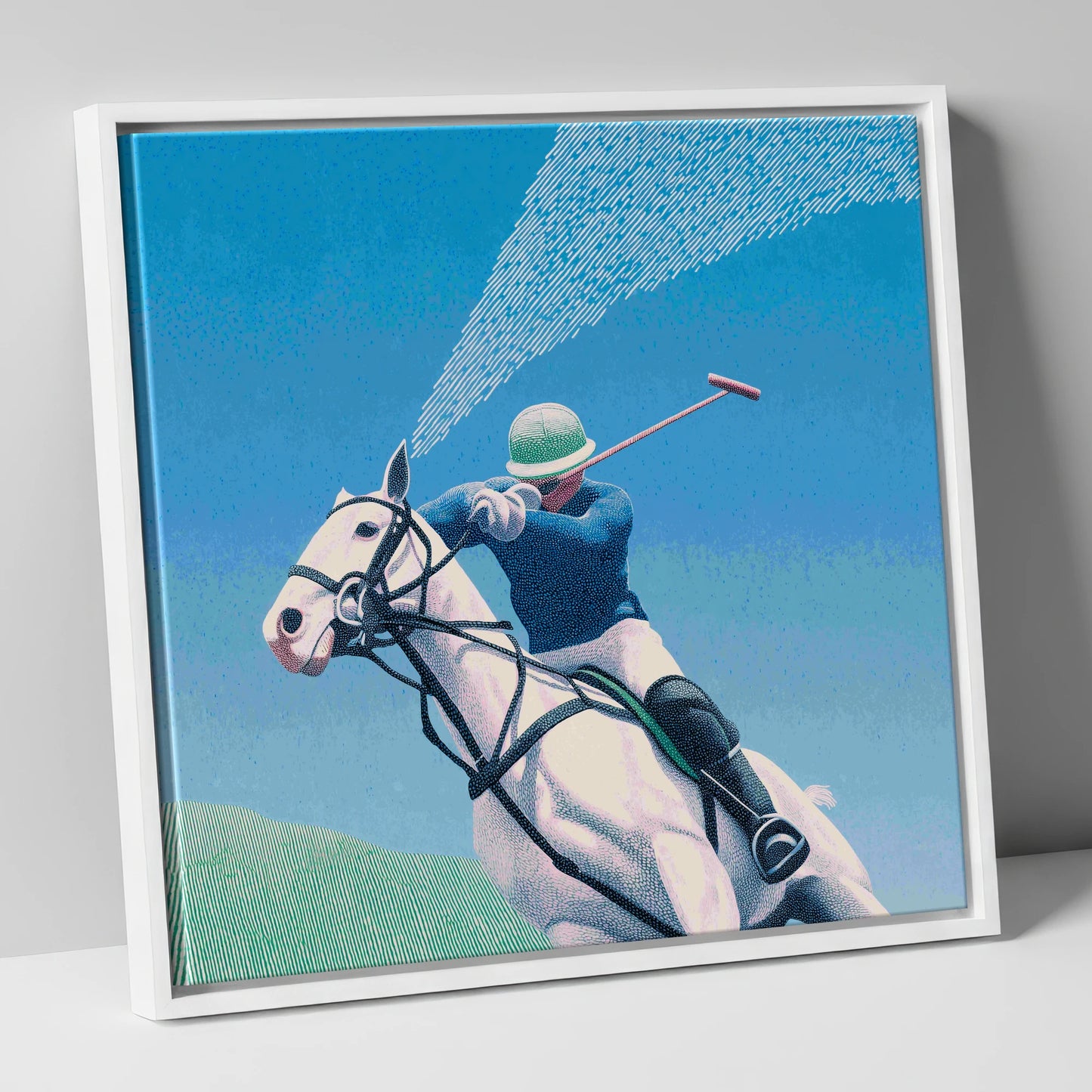 Skyward Swing polo horse canvas wall art in white frame