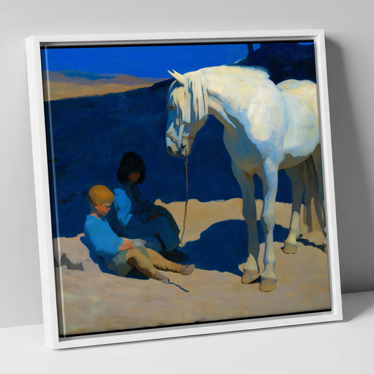 Azure and Ivory Bond horse & rider canvas wall art in white frame