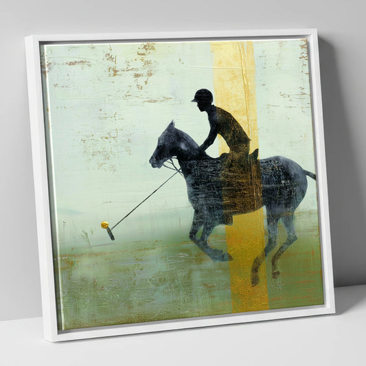 Gilded Chukka polo horse canvas wall art in white frame