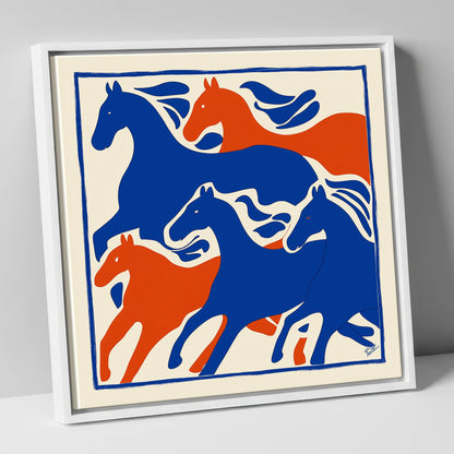 The Cobalt Herd wild horses canvas wall art in white frame