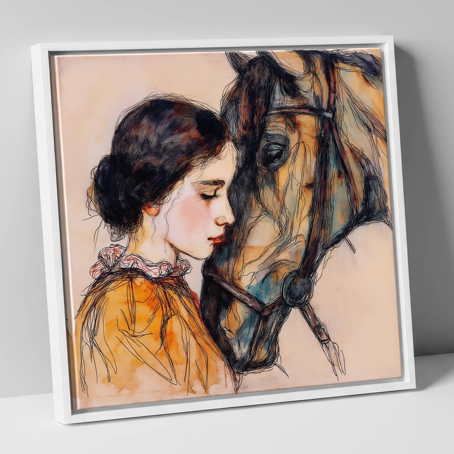 The Unspoken Bond horse & rider canvas wall art in white frame