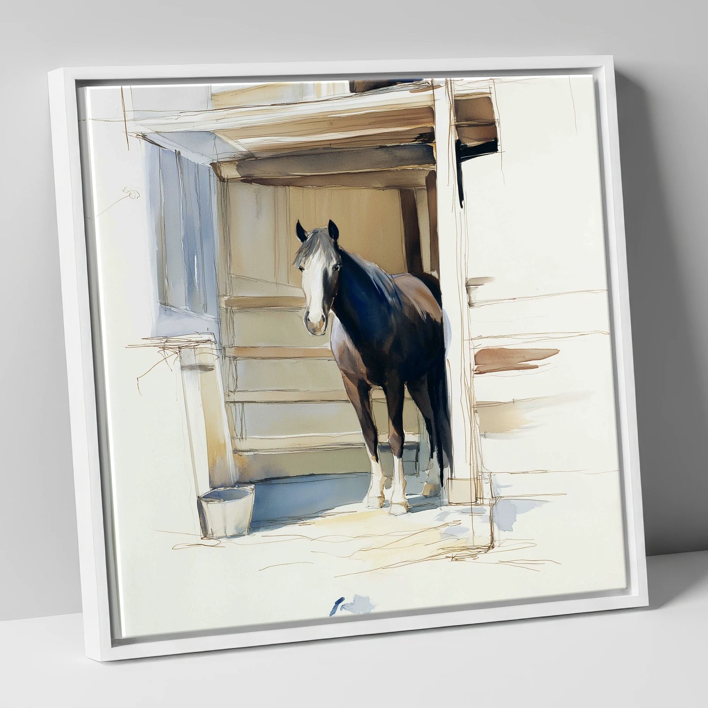 At the Stable Door horse stable canvas wall art in white frame