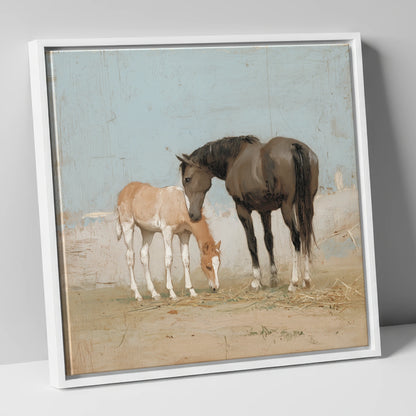 A Quiet Bond mare & foal canvas wall art in white frame