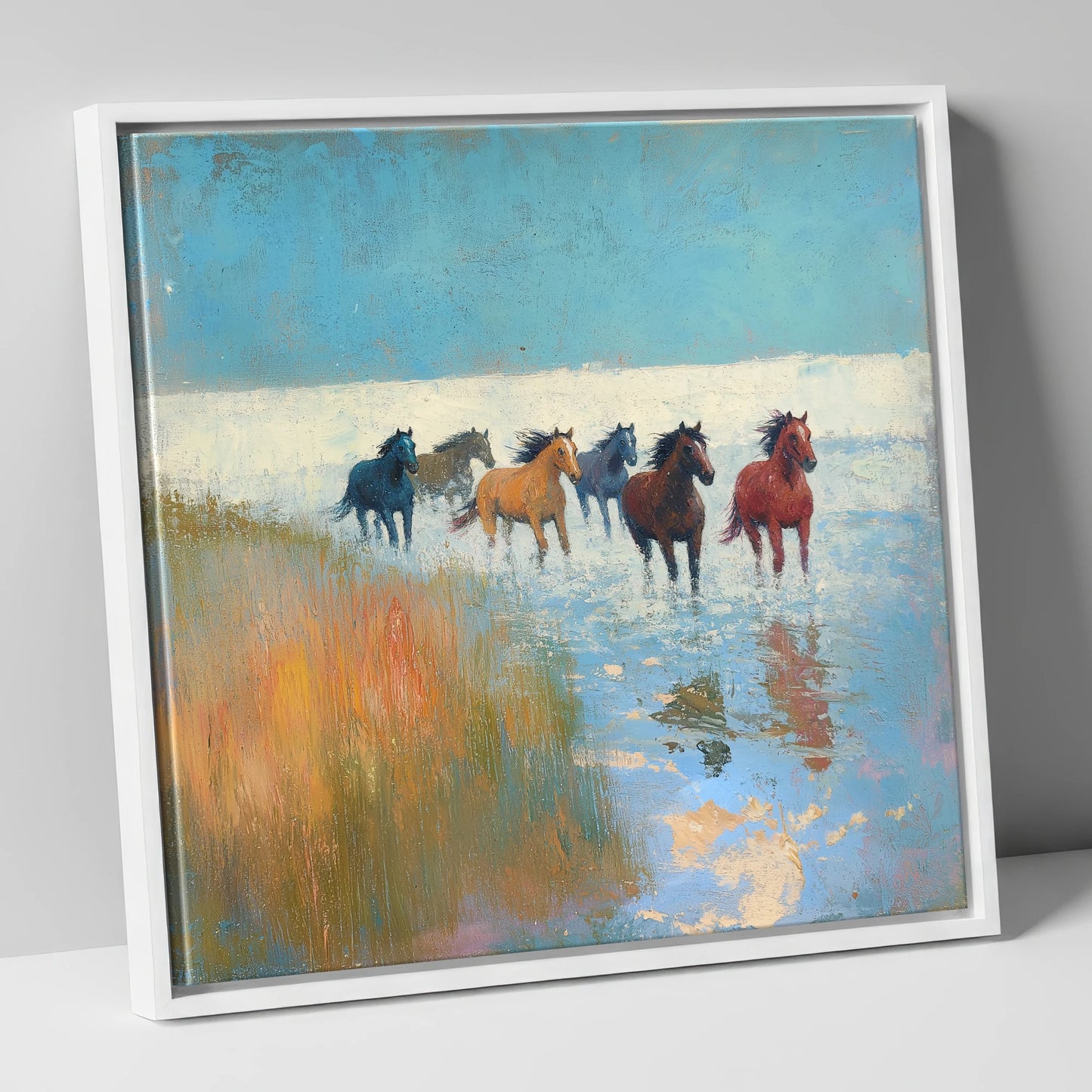 Through the Shallows wild horses canvas wall art in white frame