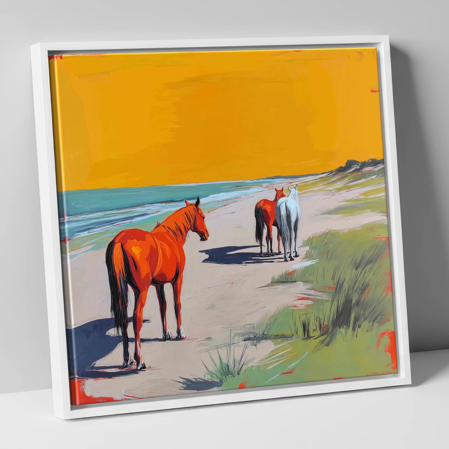 Golden Sands Companions horse landscape canvas wall art in white frame