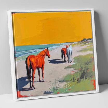 Golden Sands Companions horse landscape canvas wall art in white frame