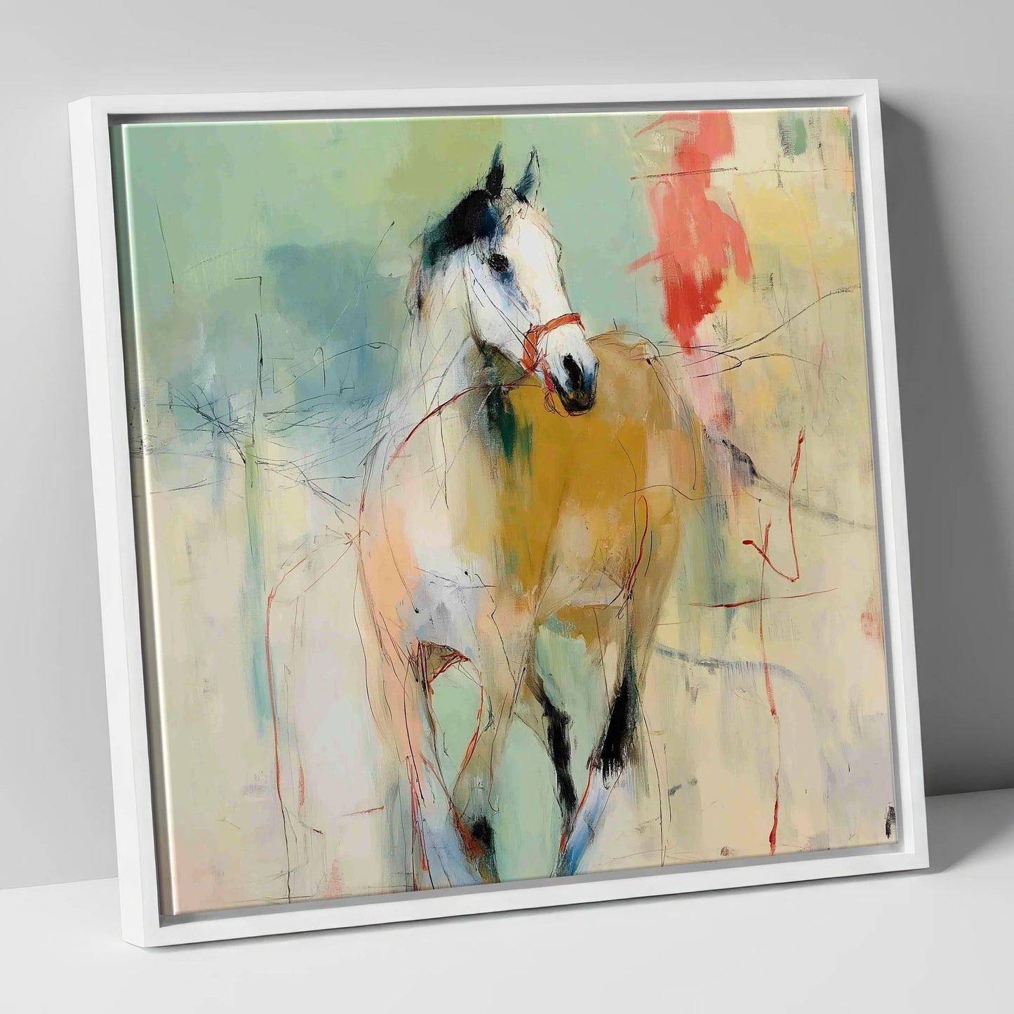 Abstract Paddock Spirit racing horse canvas wall art in white frame