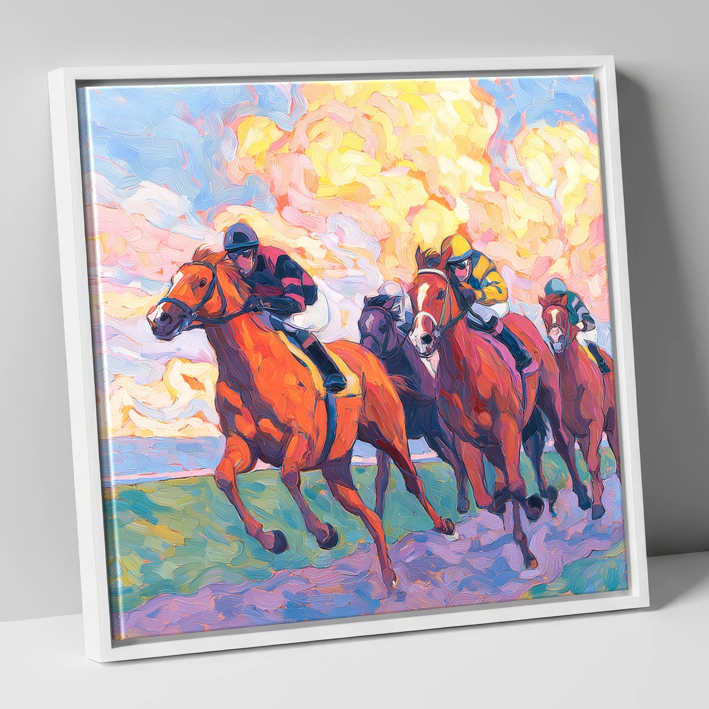 Thundering Sunset racing horse canvas wall art in white frame