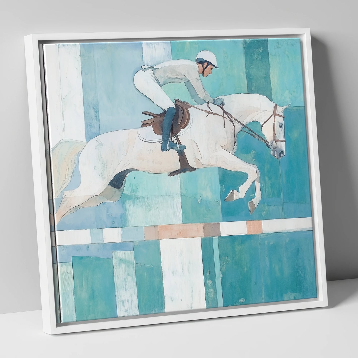 Aquamarine Ascent show jumping horse canvas wall art in white frame