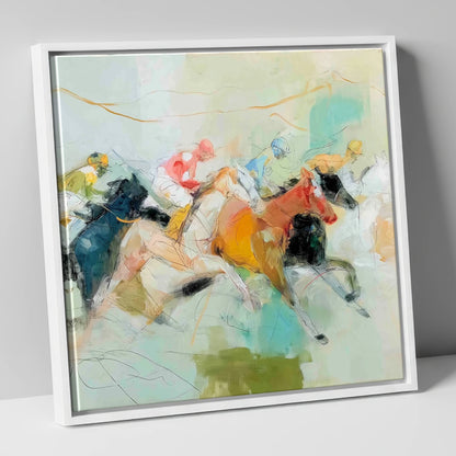 Rush to the Line racing horse canvas wall art in white frame