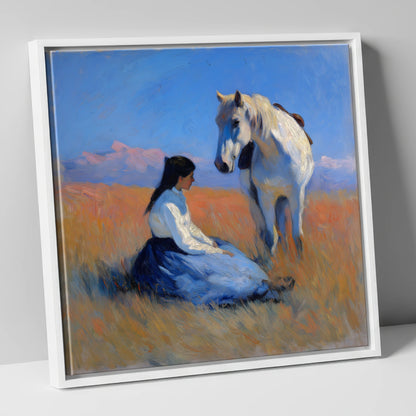 Golden Hour Companions horse & rider canvas wall art in white frame