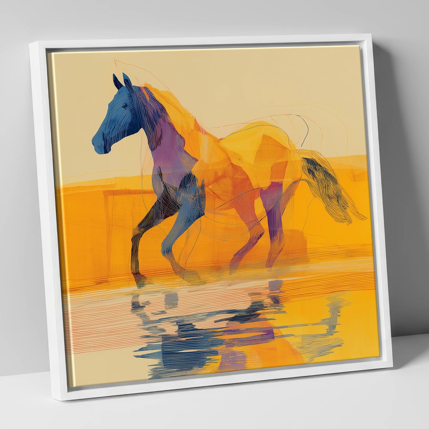 Golden Coastal Stride beach horse canvas wall art in white frame