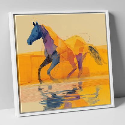 Golden Coastal Stride beach horse canvas wall art in white frame