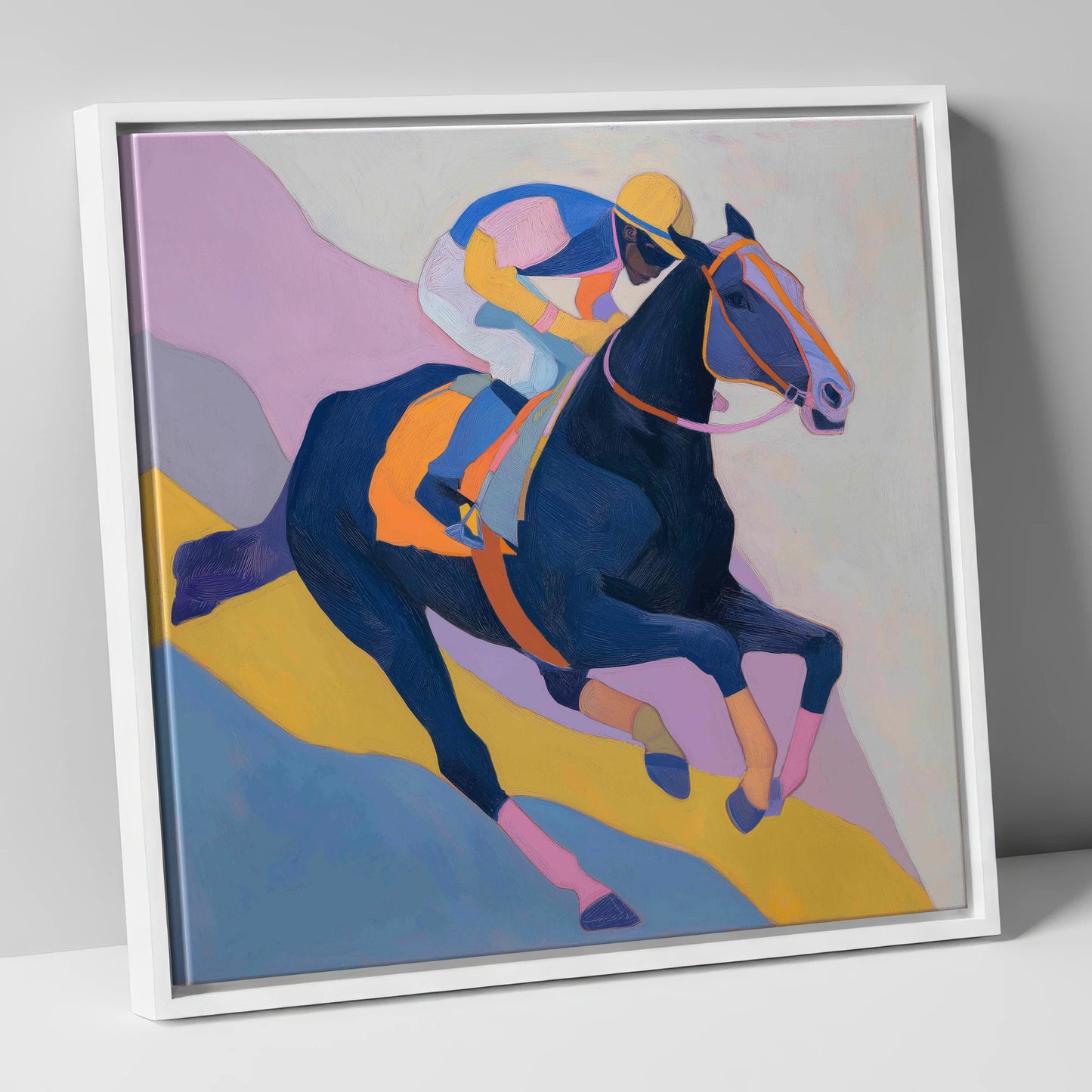 Vibrant Racing Stride racing horse canvas wall art in white frame