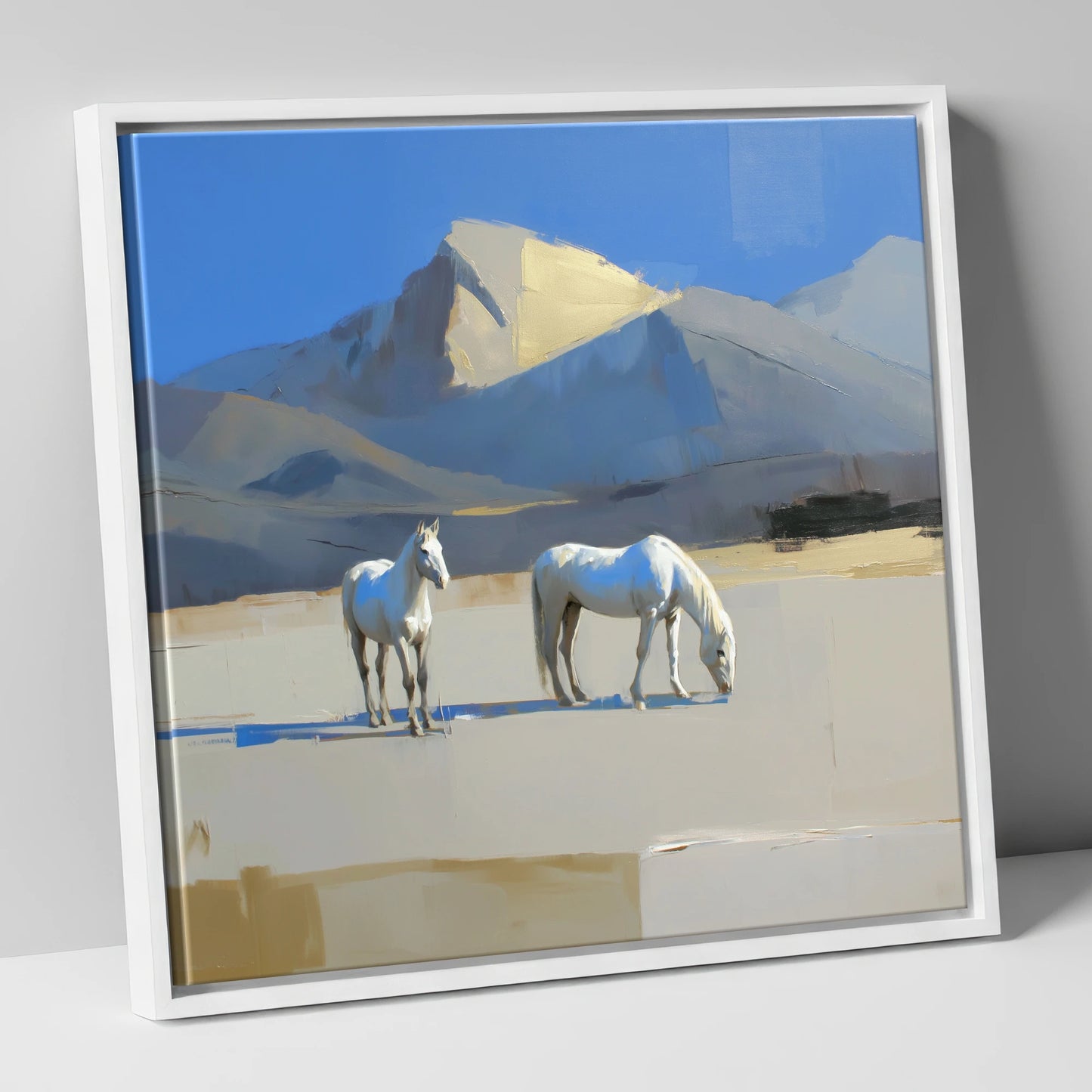 Golden Peak Greys horse landscape canvas wall art in white frame