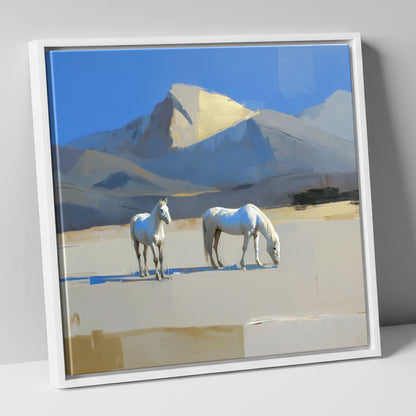 Golden Peak Greys horse landscape canvas wall art in white frame