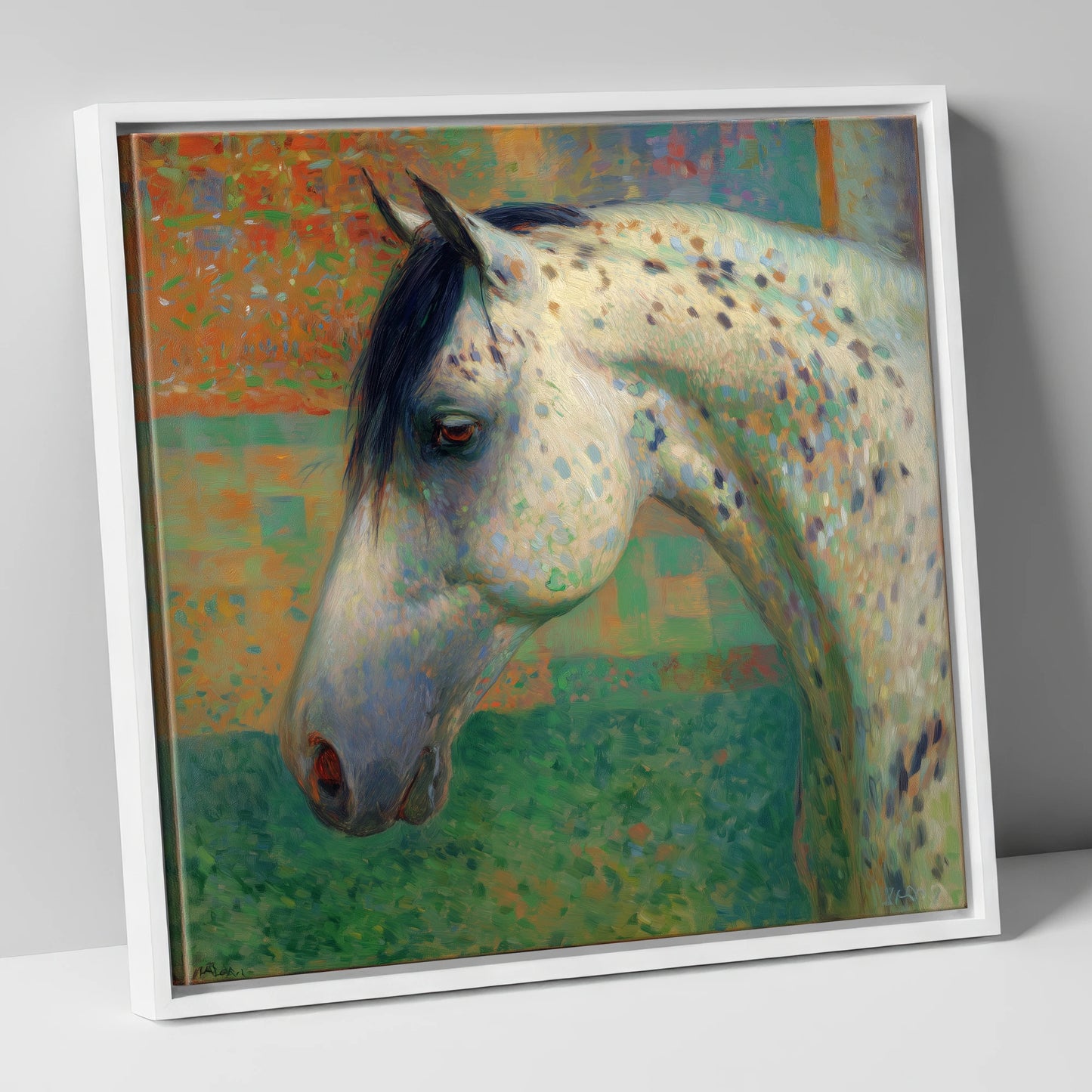 Vibrant Spotted Portrait horse breed canvas wall art in white frame
