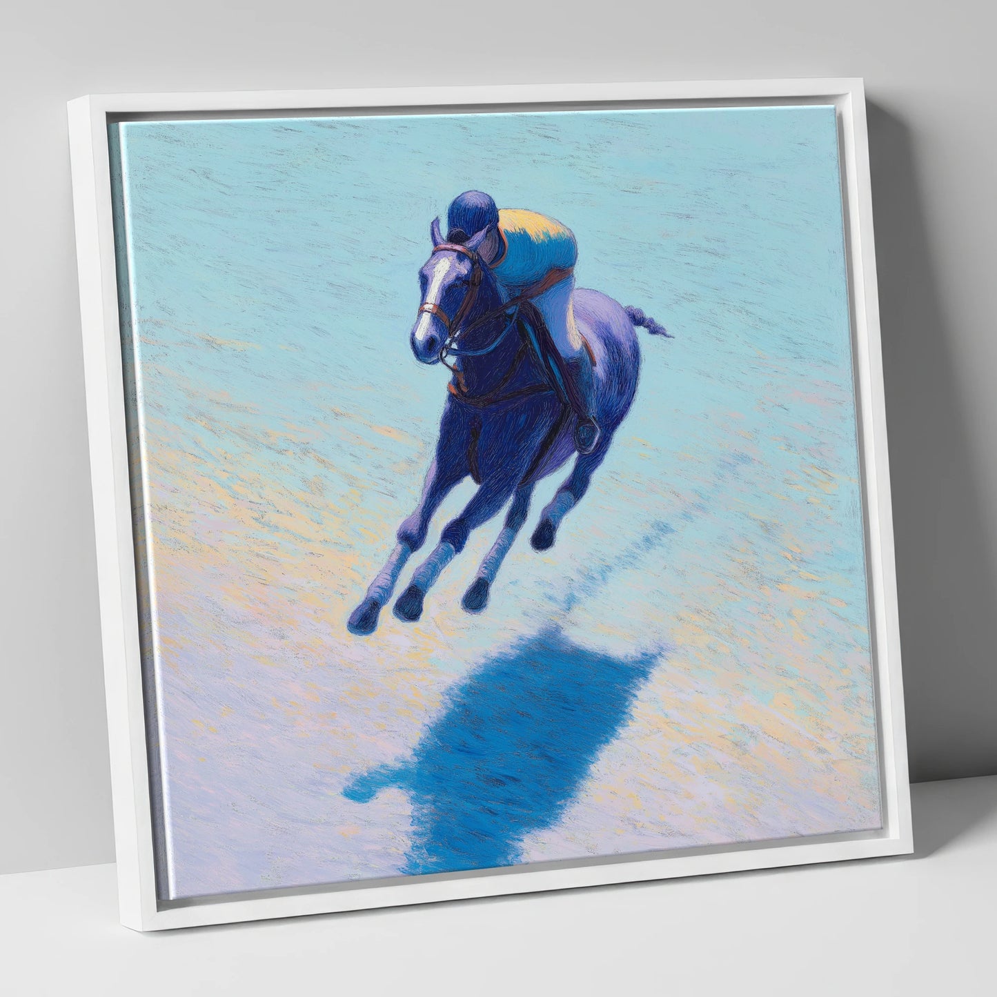 The Indigo Gallop polo horse canvas wall art in white frame