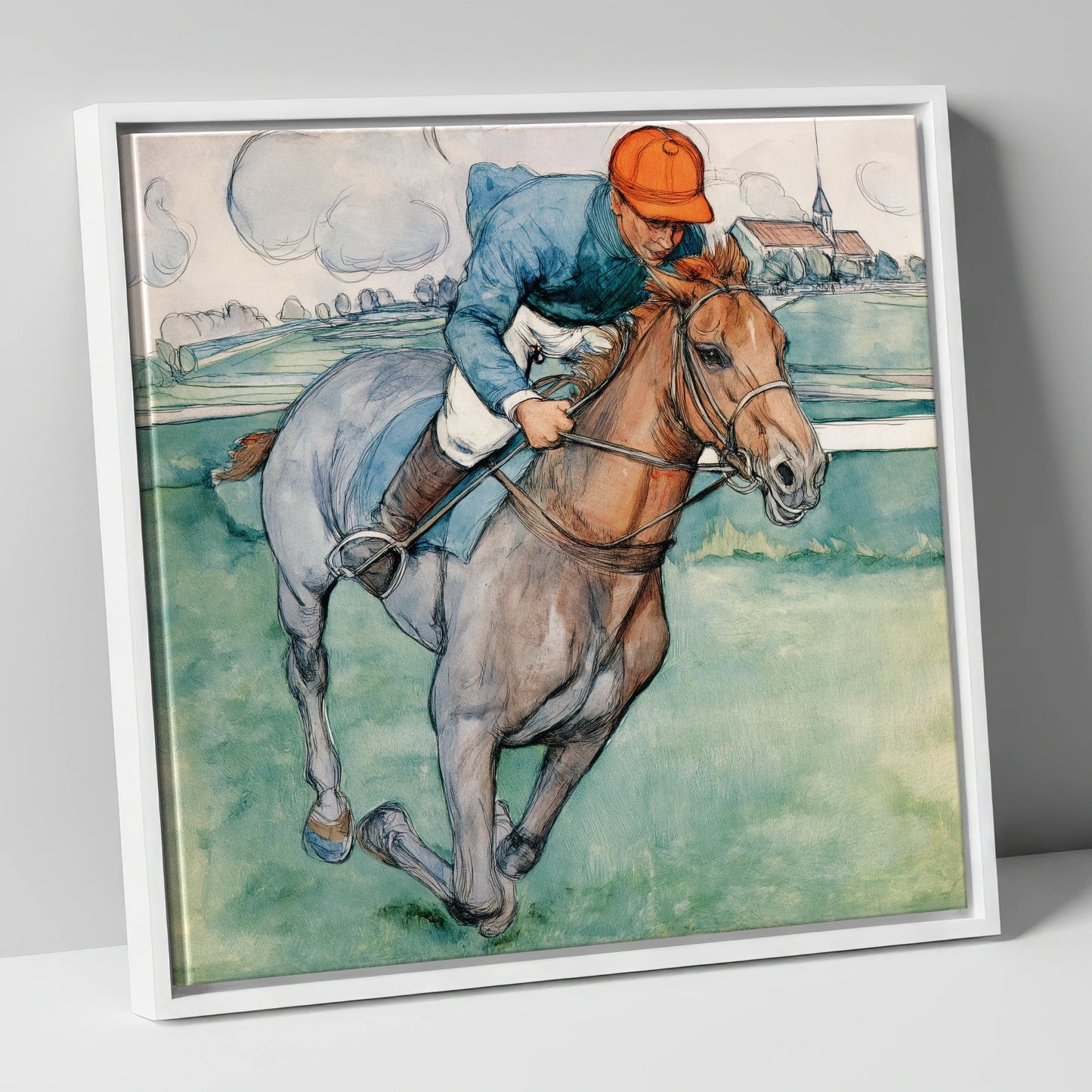 The Final Furlong racing horse canvas wall art in white frame