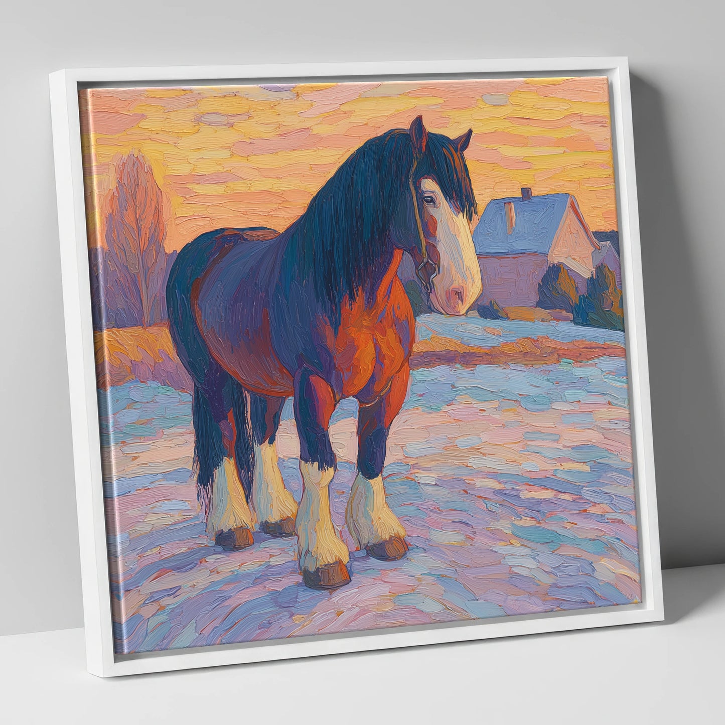 Majestic Winter Shire horse breed canvas wall art in white frame