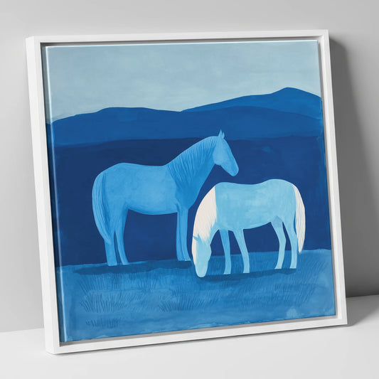 Cobalt Companions horse landscape canvas wall art in white frame