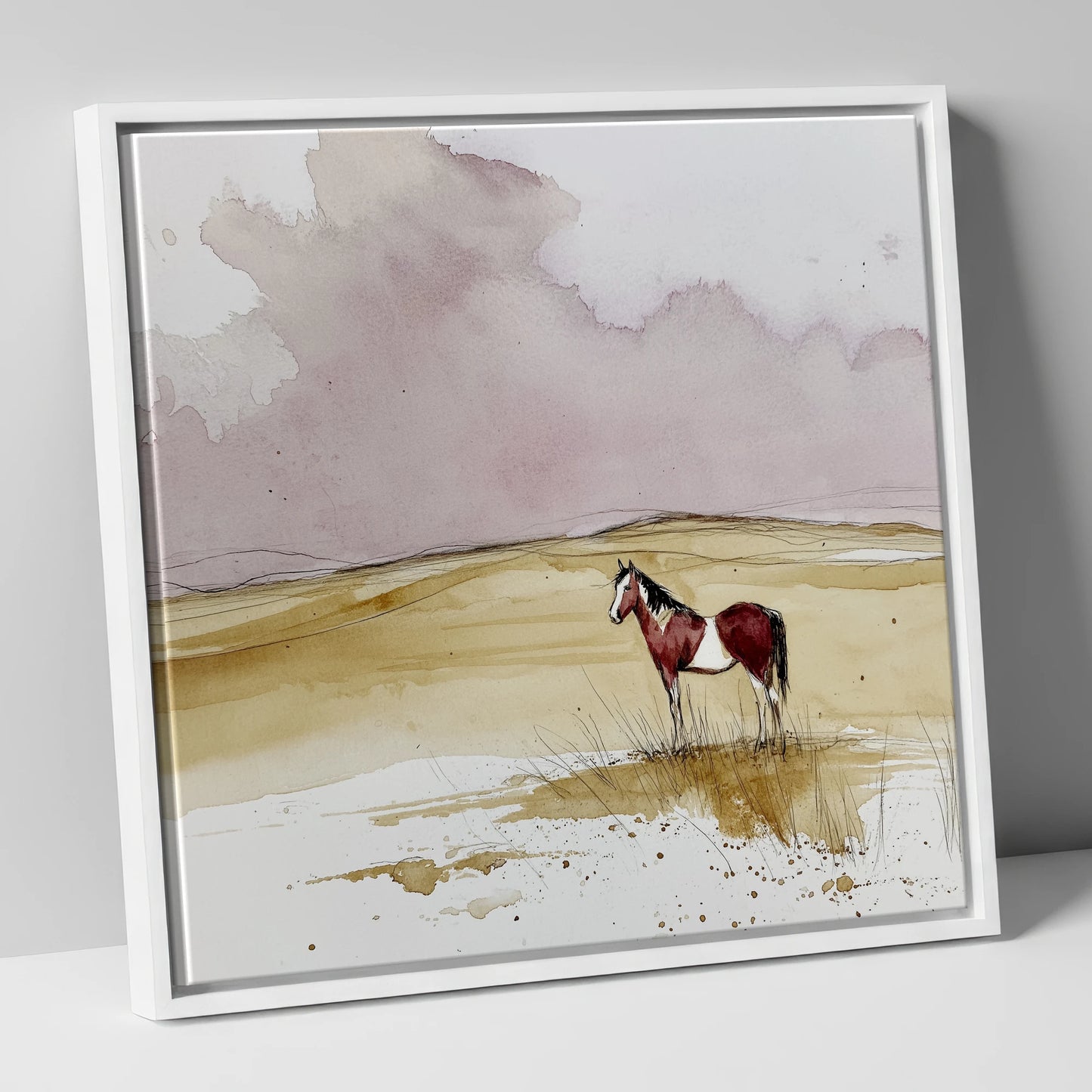Ochre Horizons horse landscape canvas wall art in white frame